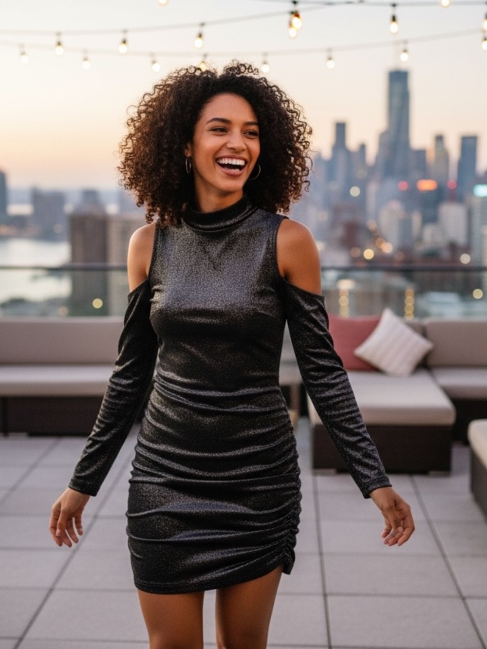 Juicy Couture Metallic Cold-Shoulder Mini Bodycon Dress Black S
